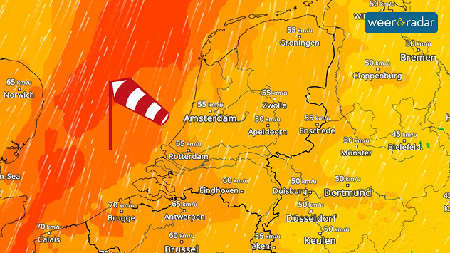 De windradar voor Nederland laat woensdag een stevig windveld zien met de hoogste windsnelheden tot 75 kilometer per uur langs de westkust.