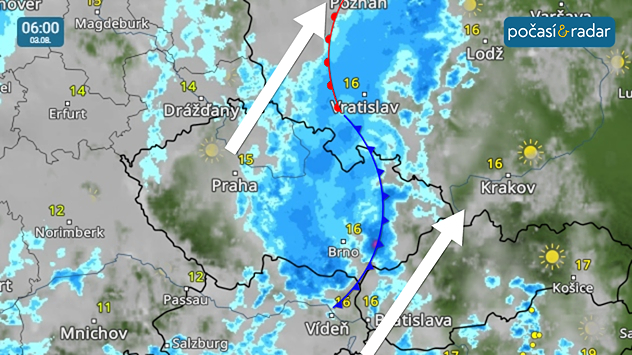 Meteoradar, screenshot, neděle 3. srpna 6:00: O víkendu zasáhnou vydatné srážky v souvislosti s postupem frontální vlny od jihozápadu především východní polovinu naší země.