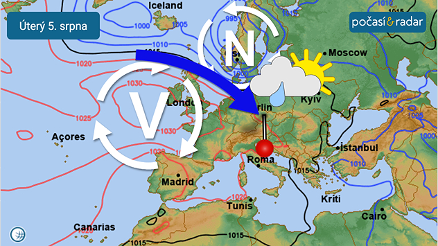 Mapa synoptické situace nad Evropou, předpověď na úterý 5. srpna: Chladné a vlhké severozápadní proudění bude ovlivňovat české počasí i po část příštího týdne. Od západu se však postupně prosadí tlaková výše – ta se u nás zhruba od poloviny týdne postará o pozvolný úbytek srážek, oblačnosti, a také o nárůst teplot.