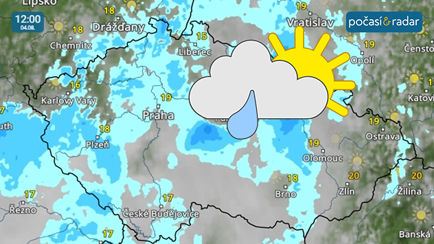 Meteoradar, screenshot, pondělí 4. srpna 12:00: Chladnější počasí s převažující velkou oblačností, občasným deštěm nebo přeháňkami u nás bude pokračovat i zkraje příštího týdne.