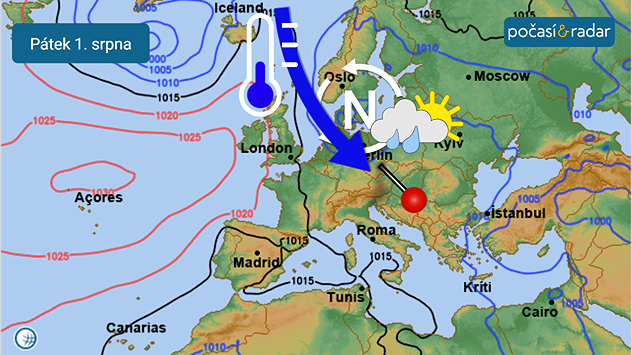 Mapa synoptické situace nad Evropou, pátek 1. srpna: V prvních srpnových dnech zůstane Česko pod vlivem chladného a vlhkého severozápadního proudění. To se k nám dostává kolem tlakové níže nad severní Evropou.