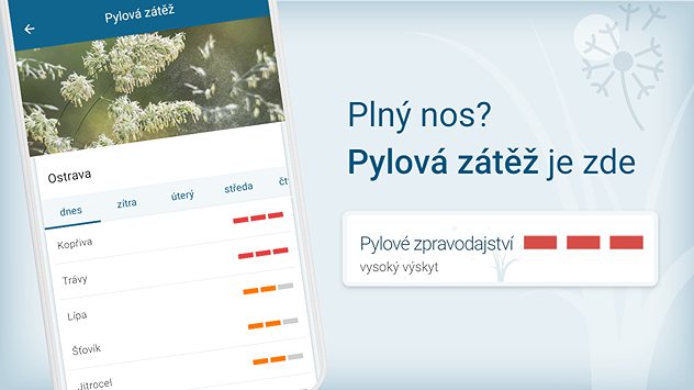 Mobilní telefon s aplikací Počasí & Radar s předpovědí výskytu pylu v lokalitě Ostrava. Nachází se tu pylové zpravodajství.