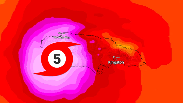 Et vejrkort viser orkanen Melissa over Jamaica. Orkanen af kategori 5 bevæger sig med stærke vindfelter over Montego Bay og Kingston. Farverne viser vindstyrken.