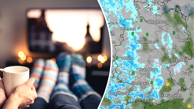 Links: Der Bildausschnitt zeigt Füße mit dicken Socken, im Hintergrund ein Fernseher. Rechts: Das WetterRadar für Samstagnachmittag.