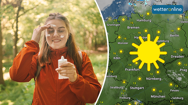 Geteilte Grafik: links eine Frau trägt beim Wandern Sonnencreme auf, rechts eine WetterRadar-Karte mit viel Sonnenschein in Deutschland.