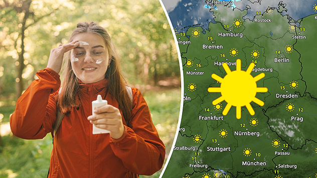 Geteilte Grafik: links eine Frau trägt beim Wandern Sonnencreme auf, rechts eine WetterRadar-Karte mit viel Sonnenschein in Deutschland.
