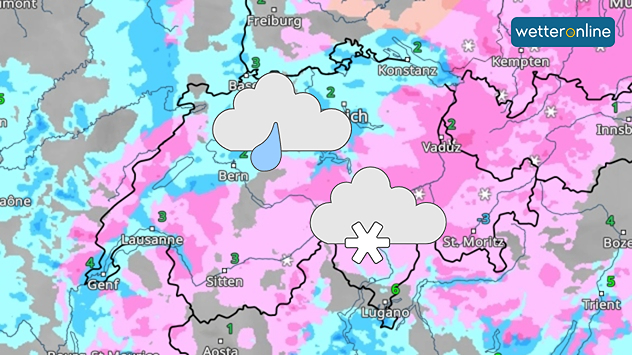 Das WetterRadar zeigt in der Schweiz Regen im Flachland und Schneefall in den Bergen.