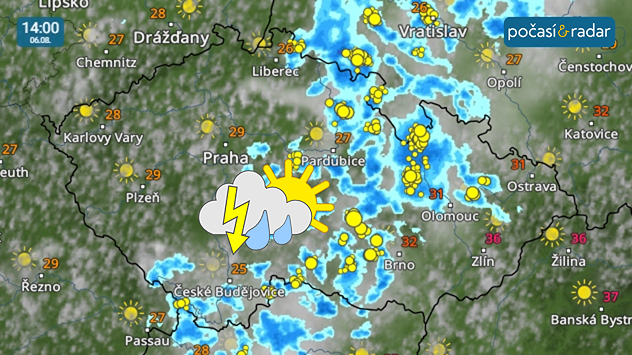 Meteoradar, screenshot, 6. srpna 14:00: Ve čtvrtek se očekávají zejména v centrální části země přeháňky a bouřky, od západu se bude mírně ochlazovat.