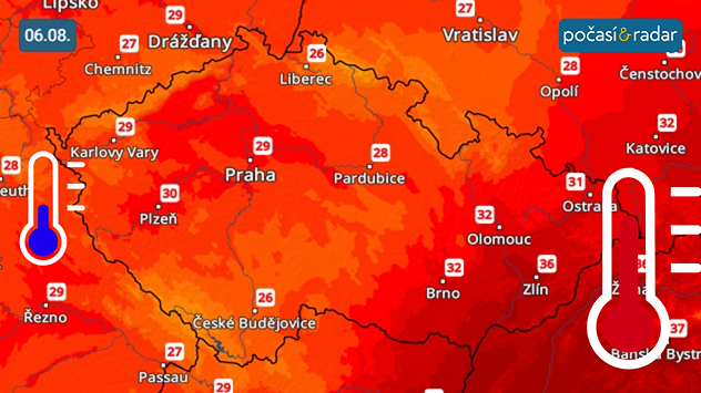 Předpověď maximálních denních teplot na čtvrtek 6. srpna: Ve čtvrtek již zůstanou nejvyšší denní teploty v Čechách většinou do 30 °C, na jihovýchodě území se ještě čekají maxima až kolem 36 °C.