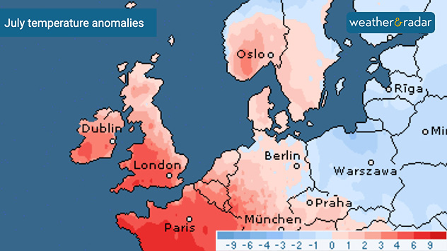July temperature anomaly map of Europe showing above-average temperatures across the UK, Ireland, France, Germany, and Scandinavia in red shades, while eastern Europe displays below-average temperatures in blue.