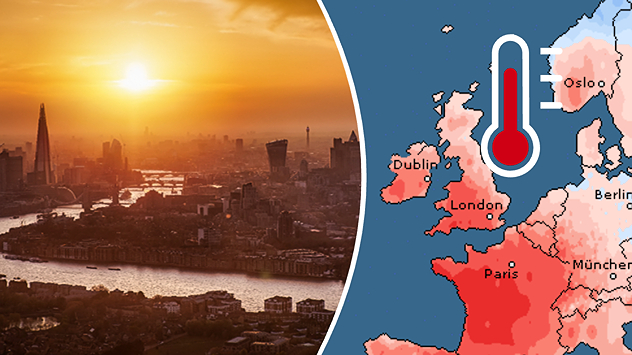 Split image showing the London skyline in hazy golden sunshine on the left and a July temperature anomaly map of Europe on the right, with above-average temperatures across the UK, Ireland, and much of western Europe highlighted in red alongside a thermometer icon.