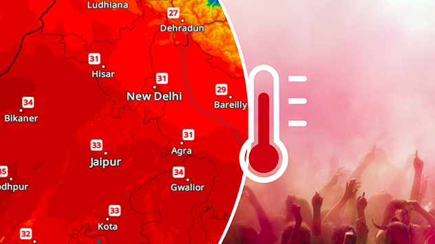 Split image showing a erd-shaded temperature map of northern India with values above 30 °C around New Delhi, Jaipur, and Agra on the left, and a crowd scene of Holi celebrations on the right with a thermometer icon indicating heat.