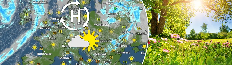 WetterRadar für Mitteleuropa. Eingezeichnet sind ein Symbol für ein Hochdruckgebiet und eines für einen Sonne-Wolken-Mix. Rechts ein Bild von einer Wiese bei Sonnenschein.