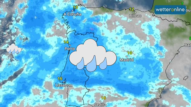 Wetterkarte mit großflächigem Regen über Spanien und Portugal.