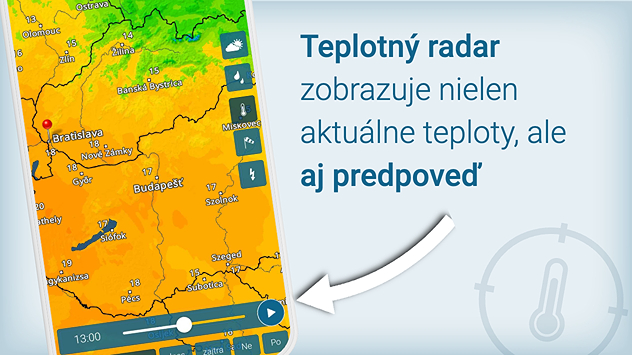 Telefón s aplikáciou Počasie & Radar a Teplotný radar, ktorý zobrazuje aktuálne teploty, ale aj ich predpoveď.
