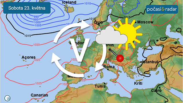 Předpověď synoptické situace nad Evropou na sobotu 23. května: Počasí v Česku bude v nejbližších dnech určovat rozsáhlá tlaková výše se středem nad střední Evropou.
