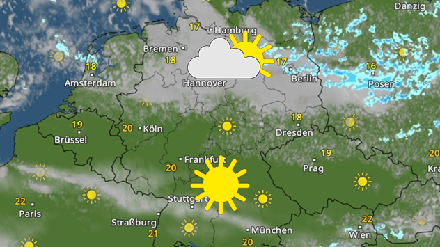 WetterRadar zeigt Wolken im Norden Deutschlands und Sonne im Süden