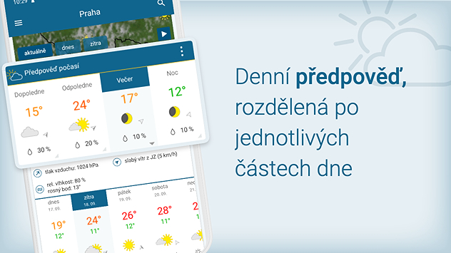 Telefon s aplikací Počasí & Radar s detailní denní předpovědí počasí pro město Praha