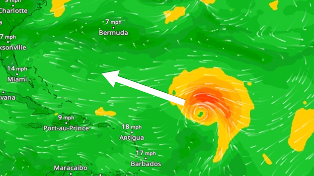 The map shows the strength of the wind over the Atlantic. A tropical storm over the open sea, not yet threatening any land.
