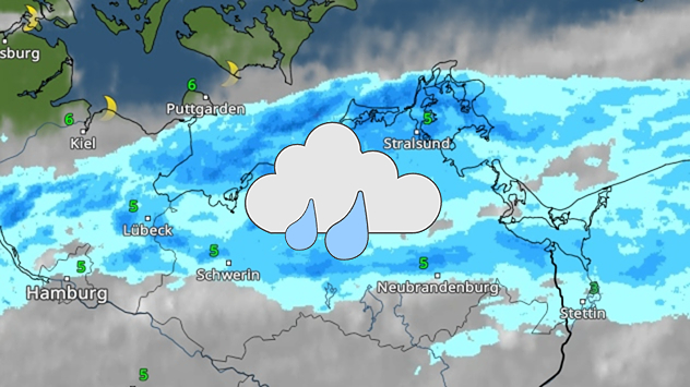 Wetterkarte mit Regenband über Norddeutschland, Schwerpunkt an der Ostseeküste.