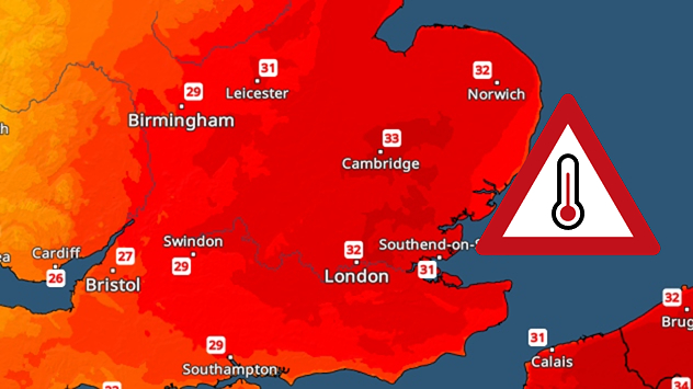 Temperature map of England and Wales on Wednesday 29.07 showing widespread hot conditions, with temperatures reaching 33°C near Cambridge, 32°C around London, Norwich, and Southend-on-Sea, and a large heat warning symbol highlighting elevated heat risk.