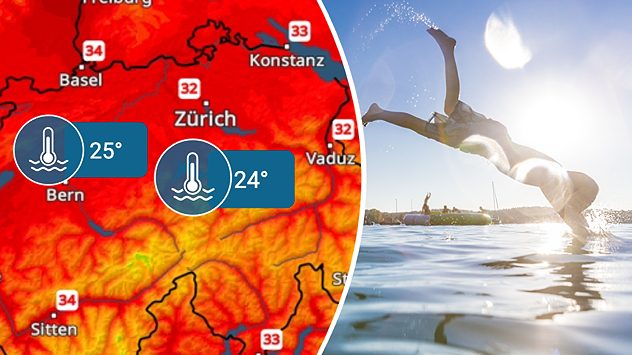 Karte mit roten TemperaturflÃ¤chen und Werten bis 34â¯Â°C in Basel, daneben ein Mensch beim Kopfsprung ins Wasser bei strahlendem Sonnenschein. (c) moreimages/shutterstock.com