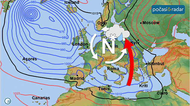 Synoptická situace nad Evropou, pondělí 26. ledna: Počasí v Česku během neděle a pondělí ovlivní tlaková níže. Přinese k nám srážky i mírné oteplení.