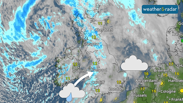 Weather map of the UK showing a band of rain in blue moving east from Ireland across Britain, with cloud cover and temperatures around 11 to 13 degrees, and brighter conditions in mainland Europe.