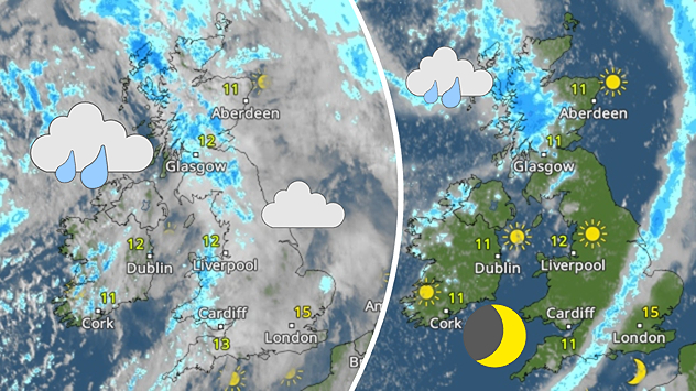 Split UK weather map showing widespread rain and cloud on the left, and clearer conditions on the right with sunshine in the west and moon icons indicating night in the south.