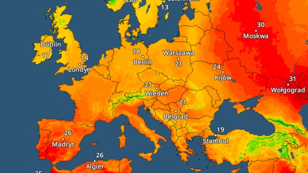 Prognoza temperatury na piątek dla Europy. Bardzo wysokie temperatury w Hiszpanii i Europie Wschodniej; nieco chłodniej na północy i zachodzie.