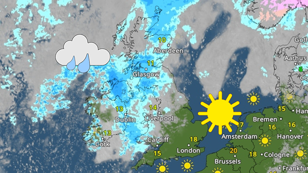Weather radar map showing rain bands over western Ireland and Scotland in blue, with brighter conditions and sunshine icons over southeast England and western Europe, plus city temperature labels.