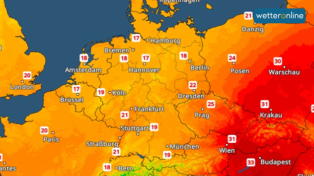 TemperaturRadar mit Höchstwerten am Mittwoch. Im Westen ist es deutlich kühler als im Osten Europas.