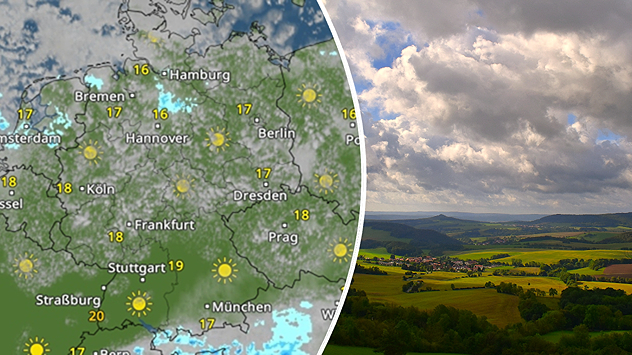 WetterRadar für Deutschland neben einer Landschaft mit dichten Wolken und einzelnen sonnigen Abschnitten.