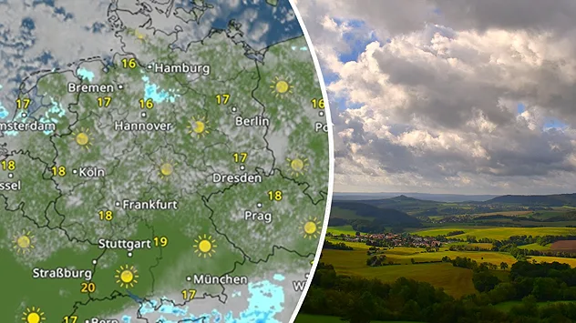 WetterRadar für Deutschland neben einer Landschaft mit dichten Wolken und einzelnen sonnigen Abschnitten.