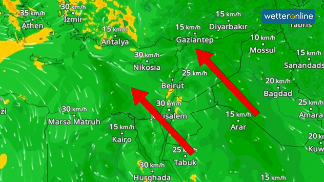 Wetterkarte mit südlicher Strömung vom Roten Meer über den Nahen Osten nach Syrien und Türkei.