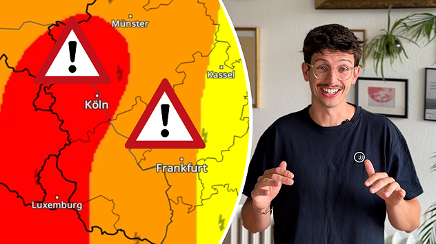 Splitbild: Links eine Warnkarte vor Gewittern. Rechts. Ein Wettermoderater