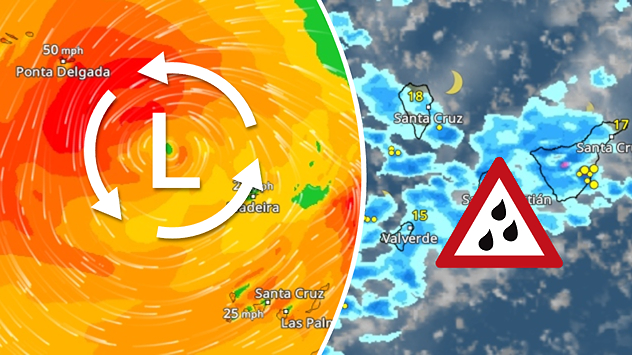 Split weather graphic showing a strong low-pressure system with swirling winds near the Azores on the left, and a radar map with showers and rain warning over the Canary Islands on the right.