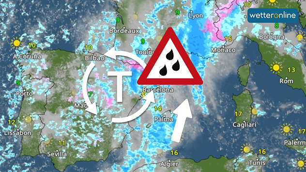 Wetterkarte Europas mit Tiefdruckgebiet, Starkniederschlägen und Warnsymbol für Unwetter über Mitteleuropa.