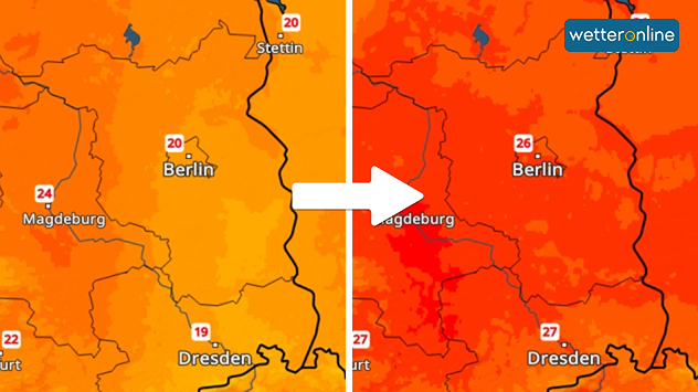 Karte mit Temperaturfarben von Gelb bis Rot. Links kühlere Werte um 20 °C, rechts deutlich wärmer bis 27 °C, markiert durch Pfeil.