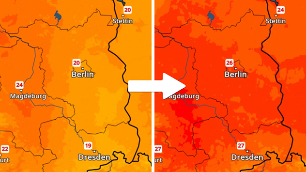 Karte mit Temperaturfarben von Gelb bis Rot. Links kühlere Werte um 20 °C, rechts deutlich wärmer bis 27 °C, markiert durch Pfeil.