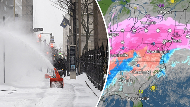 Snerydning i en by ved siden af et vejrkort med vinterstorm over USA.