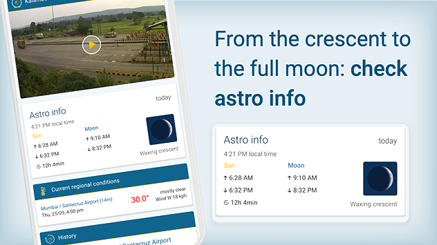 Weather&Radar app screen showing sunrise, sunset, moonrise, moonset, and waxing crescent moon phase with text “From the crescent to the full moon: check astro info.