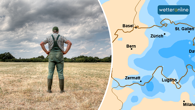 Links ein Bauer, der in den Himmel schaut und auf Regen wartet. Rechts eine Wetterkarte, die kaum Regen zeigt.