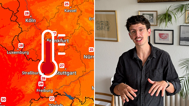 Wetterkarte mit den Höchstwerten am Dienstag neben einem Mann.