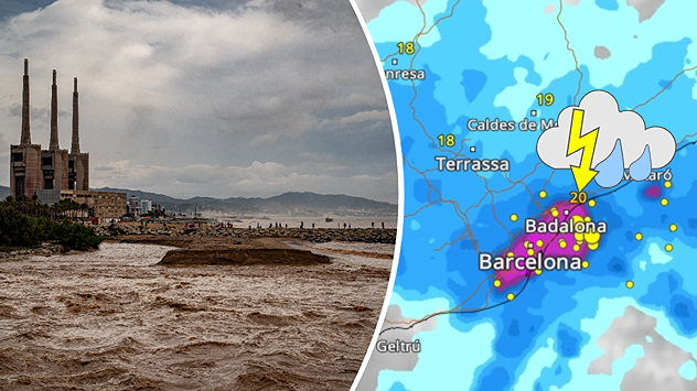 Onweer bij Barcelona, naast een weerradarkaart met hevige regen en onweersbuien.
