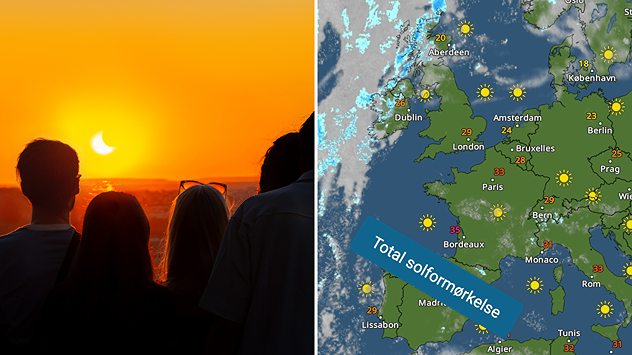 Illustration af den totale solformørkelse den 12. august kombineret med VejrRadar over Europa.