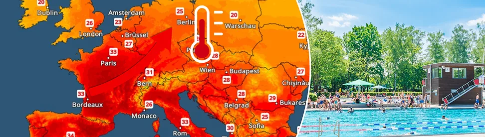 Links: Eine Temperaturkarte von Mitteleuropa zeigt Hitze über Frankreich. Ein Pfeil roter Pfeil deutet an, dass die heiße Luft auch bald Deutschland flutet; Rechts: Freibad mit vielen Besuchern bei strahlendem Sonnenschein. Im Hintergrund sind Bäume.
