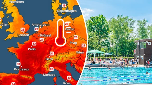 Links: Eine Temperaturkarte von Mitteleuropa zeigt Hitze über Frankreich. Ein Pfeil roter Pfeil deutet an, dass die heiße Luft auch bald Deutschland flutet; Rechts: Freibad mit vielen Besuchern bei strahlendem Sonnenschein. Im Hintergrund sind Bäume.