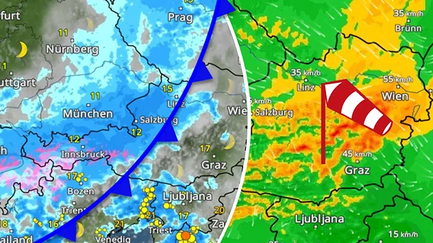 Wetterkarten zeigen eine Kaltfront mit Regen und kräftigem Wind über Österreich.