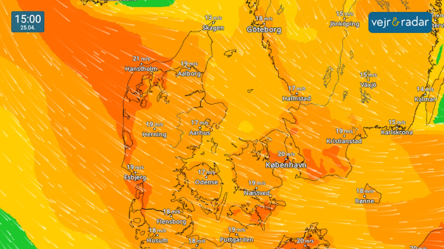 VindRadar over Danmark kl. 15.00 den 25. april med kraftig vind og vindhastigheder op til omkring 21 m/s.
